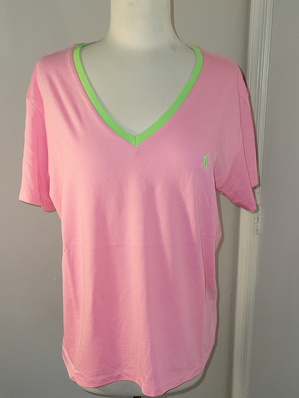 Ralph Lauren Pink V-Neck Tee with Lime Trim XL